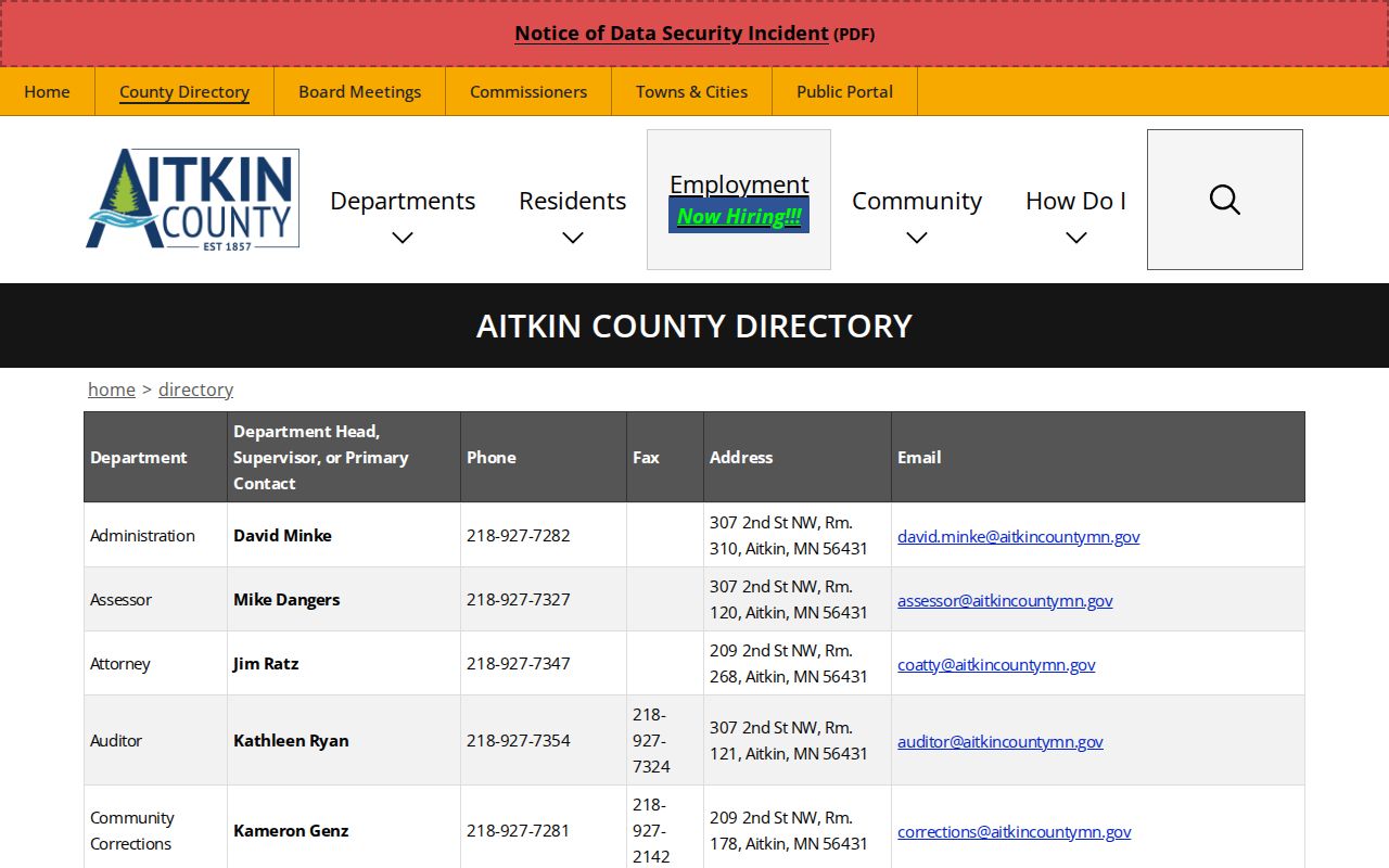 Aitkin County warrant records contacts listed in the county directory