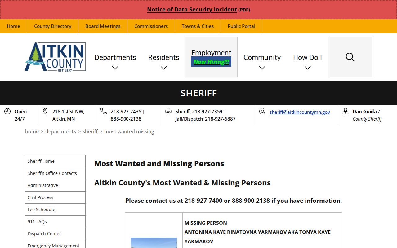 Aitkin County warrant records versus the curated most wanted and missing persons page