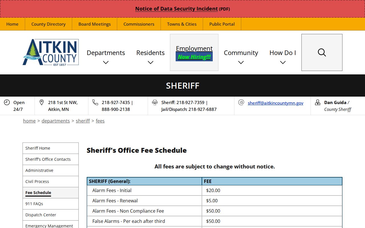 Aitkin County warrant records and sheriff service fees listed on the sheriff fee page