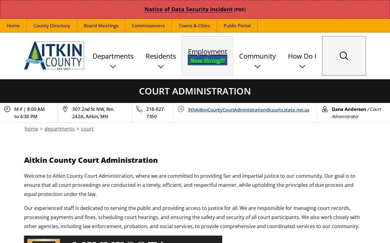 Aitkin County municipal warrant records handled by District Court Administration