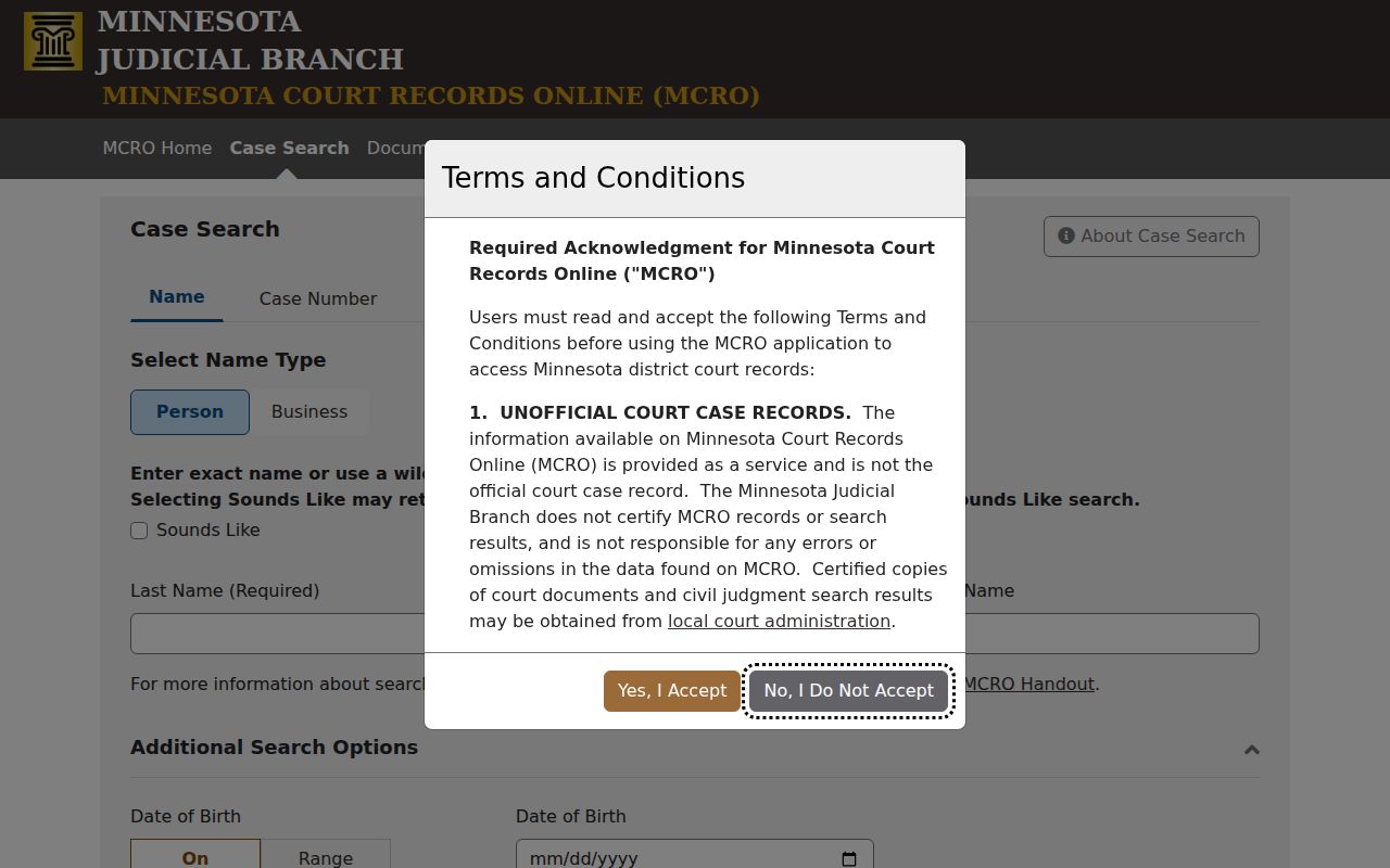 Aitkin County warrant record case search form on the Minnesota Court Records Online site