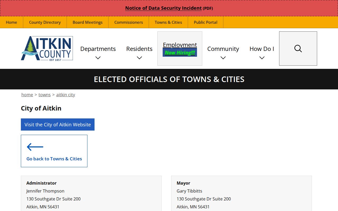 Aitkin warrant records and city office contacts on the county city page