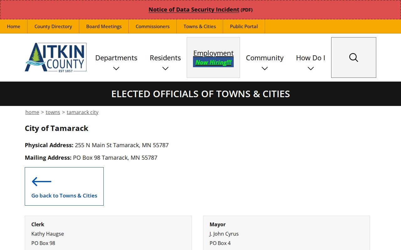 Tamarack warrant records contacts on the county city contact page