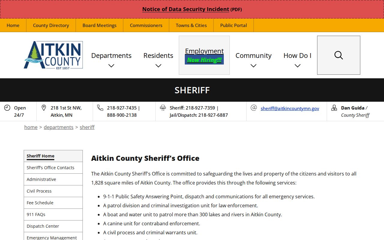 Aitkin County warrant records and service duties listed on the sheriff's office page