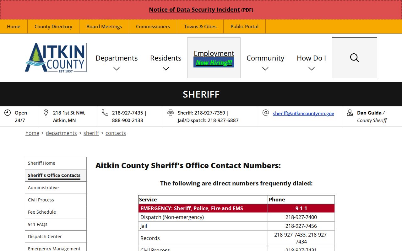 Aitkin County warrant records contact numbers on the sheriff contacts page
