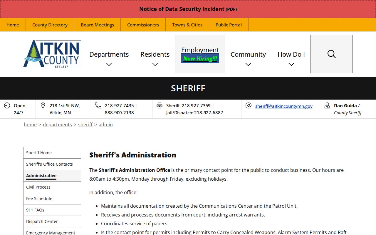 Aitkin County arrest warrant intake and service described on the sheriff administration page